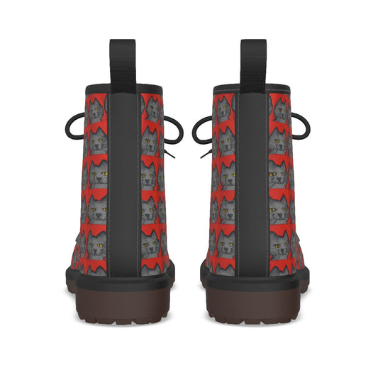 Grey Cats on Red Doc M Style Boots.