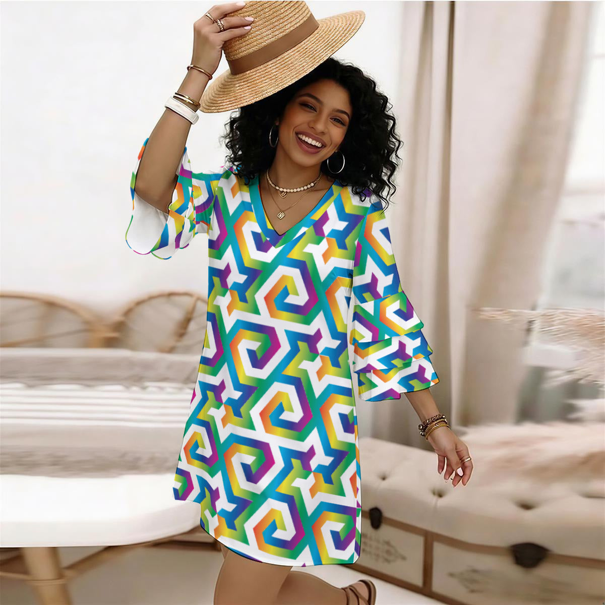 Fibonacci Diamonds 5,8 Tessellation Stacked Ruffle Sleeve Dress