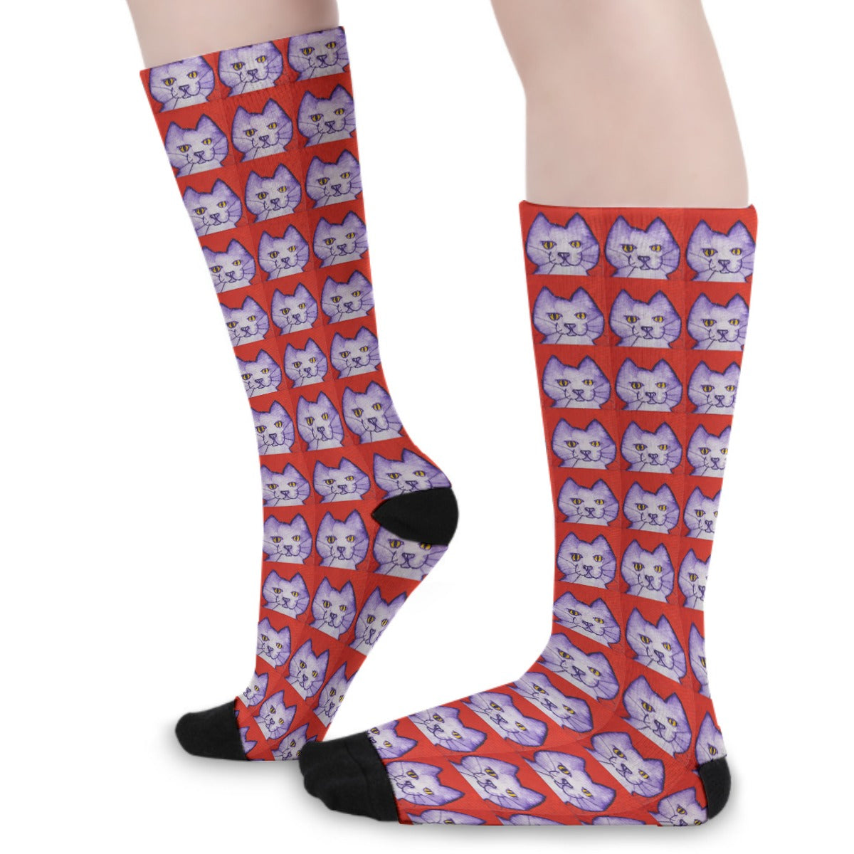 Purple Cat Heads on Red Socks