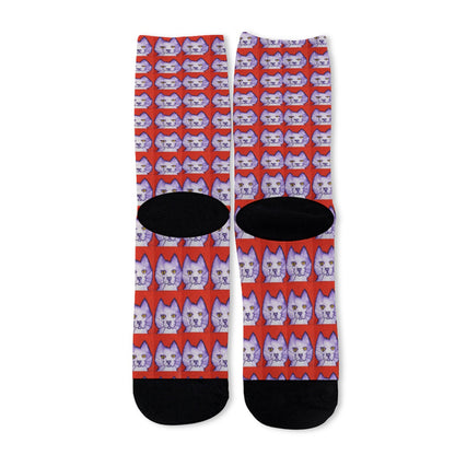 Purple Cat Heads on Red Socks