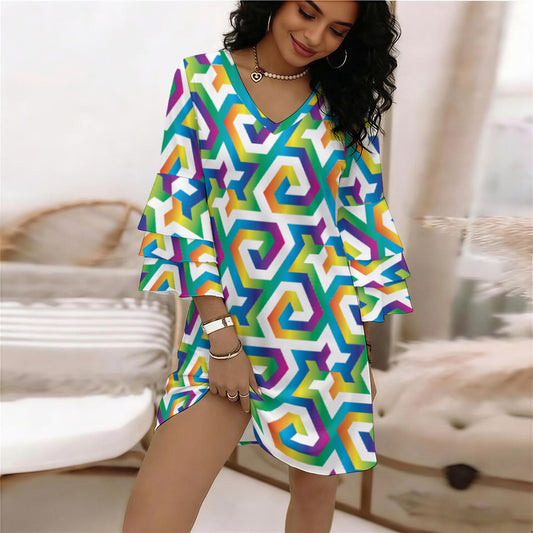 Fibonacci Diamonds 5,8 Tessellation Stacked Ruffle Sleeve Dress