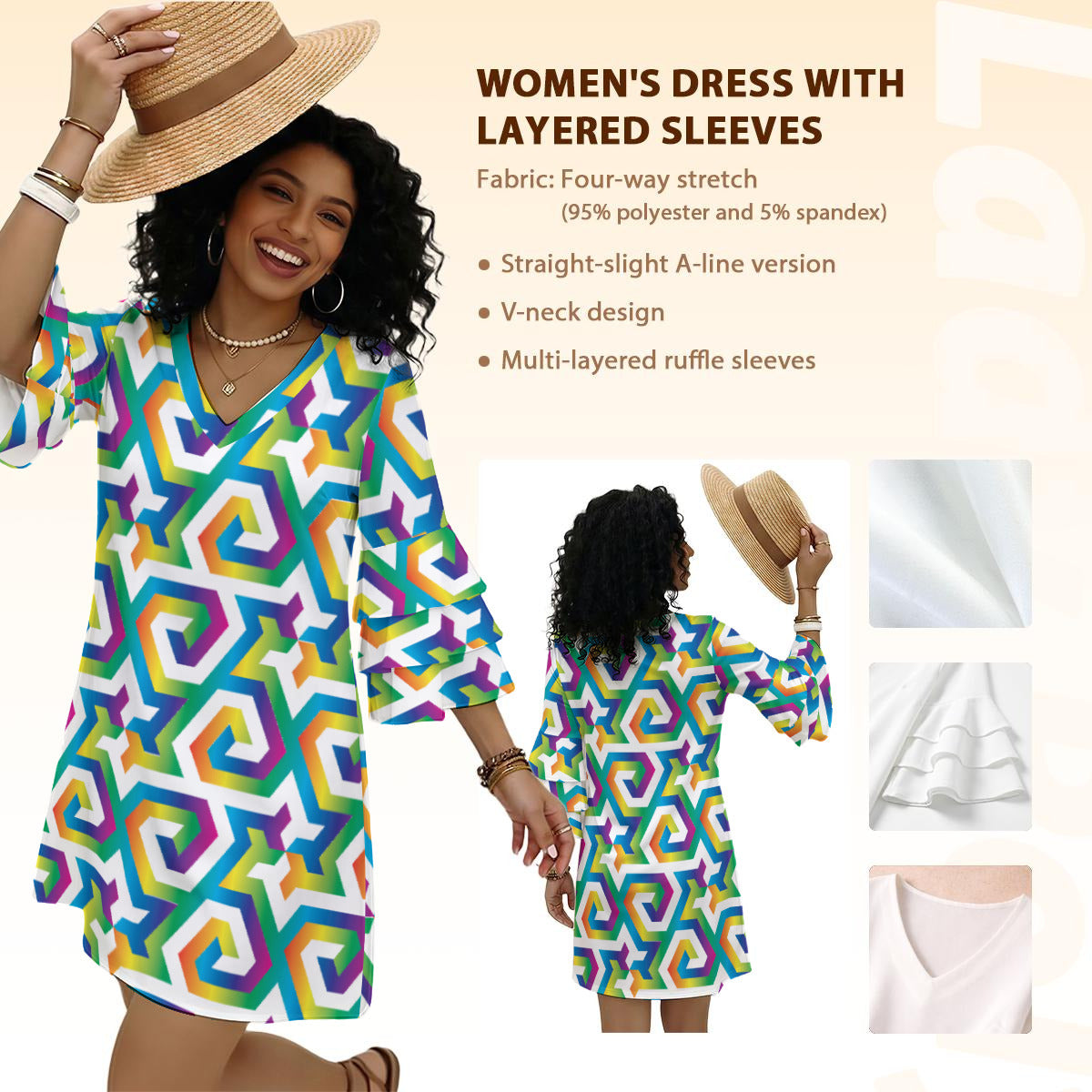 Fibonacci Diamonds 5,8 Tessellation Stacked Ruffle Sleeve Dress