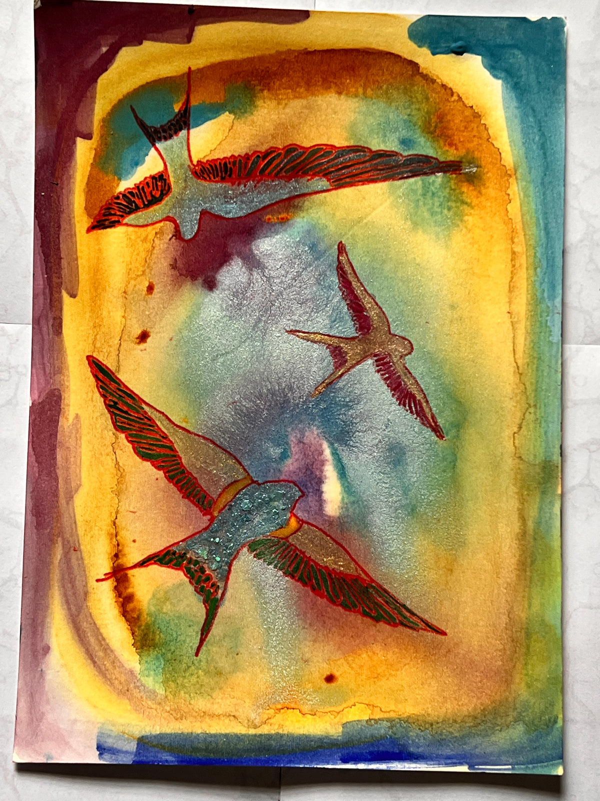 Three Red-Gold Birds